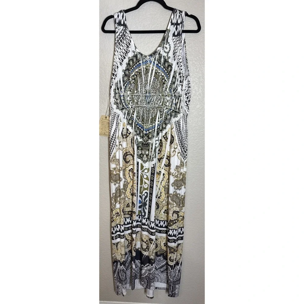 One World Womens XL Sleeveless Embellished Floral Maxi Dress Boho Beach‎ NEW